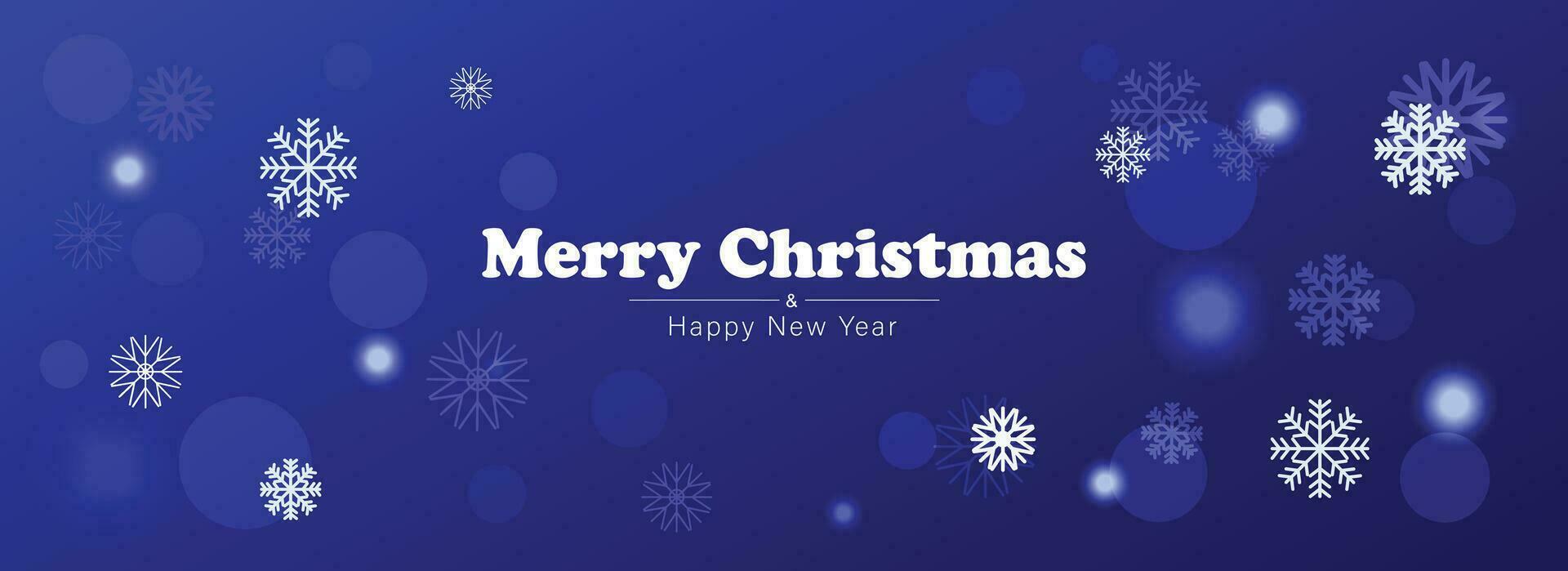 Merry Christmas and New Year Typography on a blue background with a winter landscape with snowflakes, lights, stars. Merry Christmas card. Vector illustration