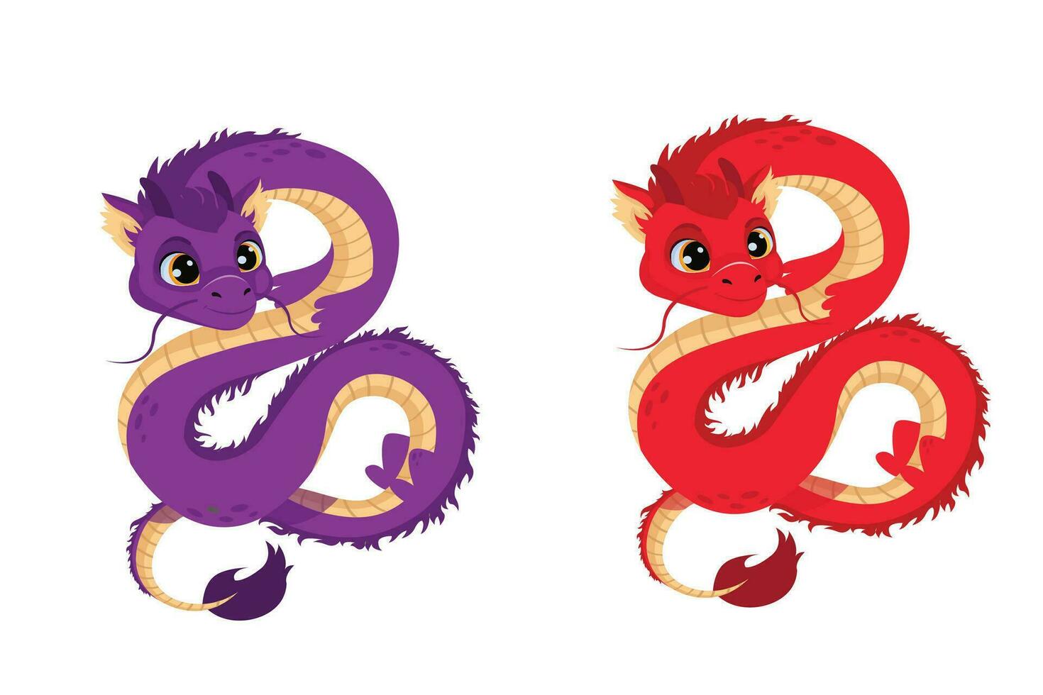 Set of Chinese dragons isolated on white background. Red and purple are a traditional Asian mythological symbol. Horoscope sign. Vector illustration in cartoon style.