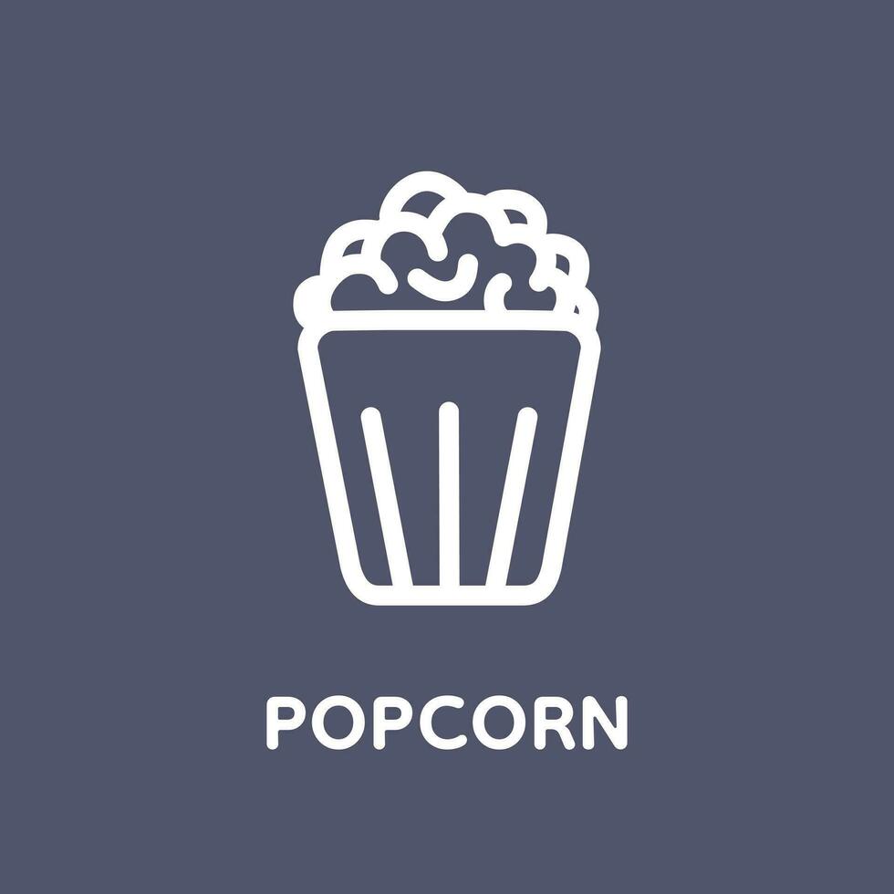 Popcorn line icon with text. Popcorn, bucket, box.  Vector illustration isolated on dark background. Food, snack.