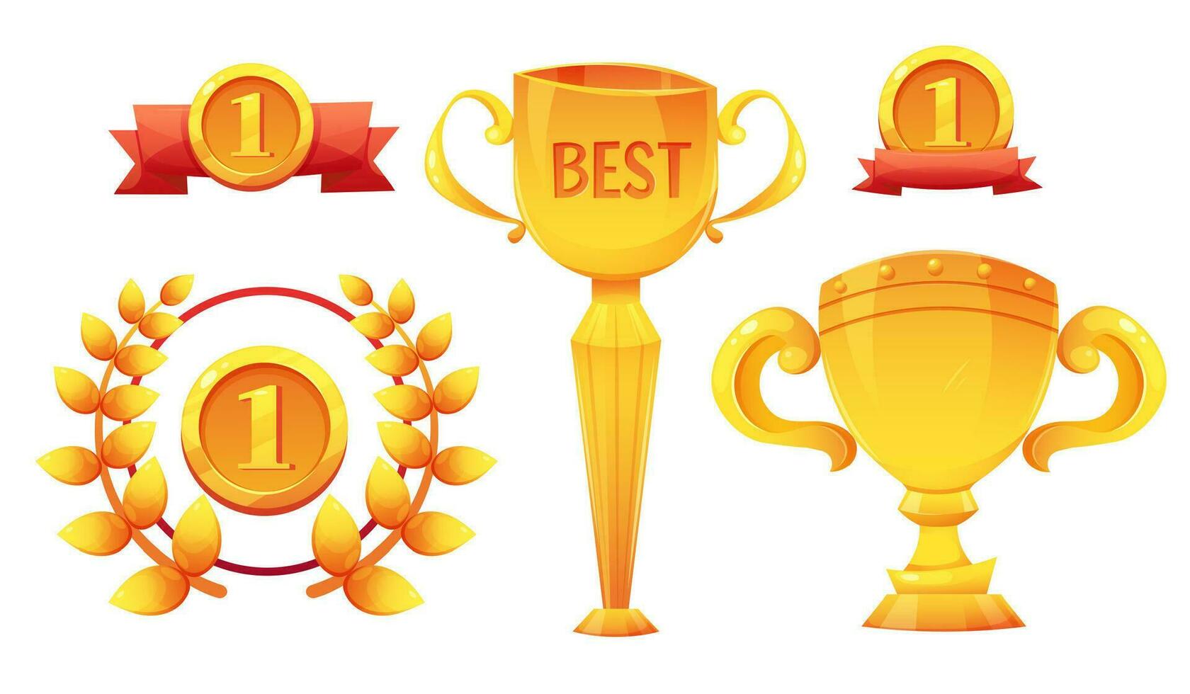 Set of gold awards for the winner. Gold medal with the number 1 and ribbons, with wreath of laurel leaves, gold cups. Vector illustration in cartoon style