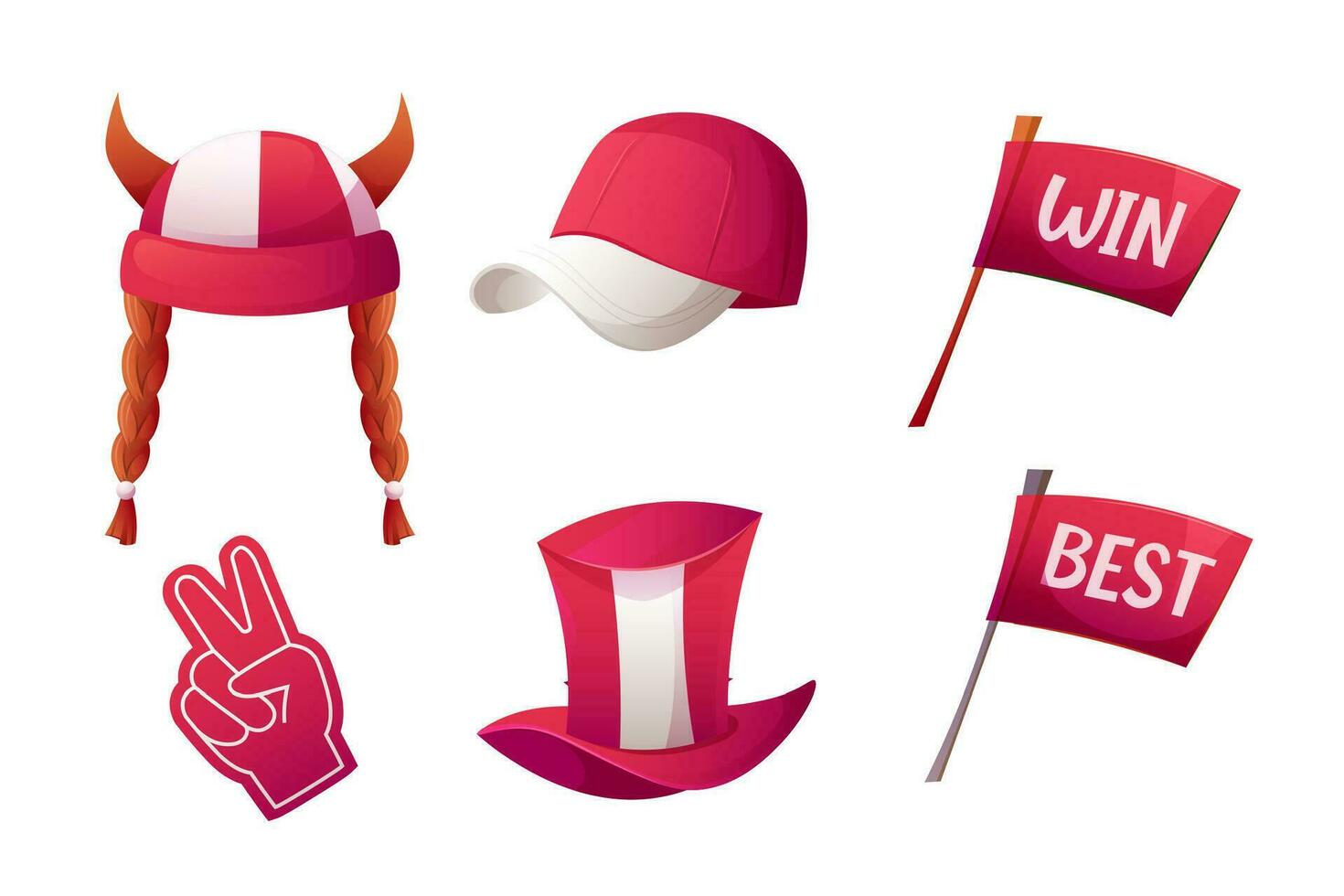 Set of sports fan elements in red and white. Cap, hat with horns and pigtails, top hat, fan glove, flags with the text win and best vector