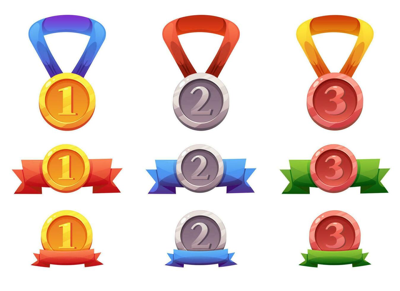 Set of medals and awards for winners. Gold medal with 1, silver medal with 2, bronze medal with 3 and colorful ribbons vector