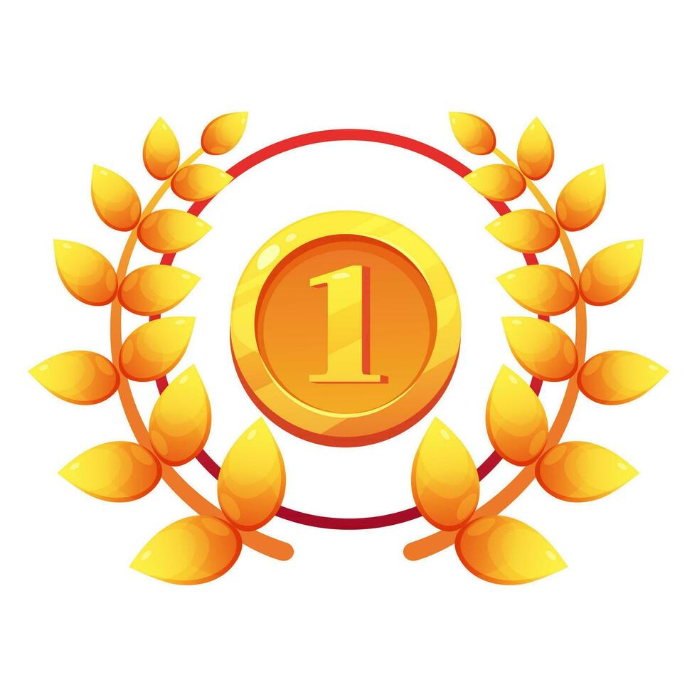 Emblem, award of the winner. Gold medal with the number 1 in frame of wreath of laurel leaves vector