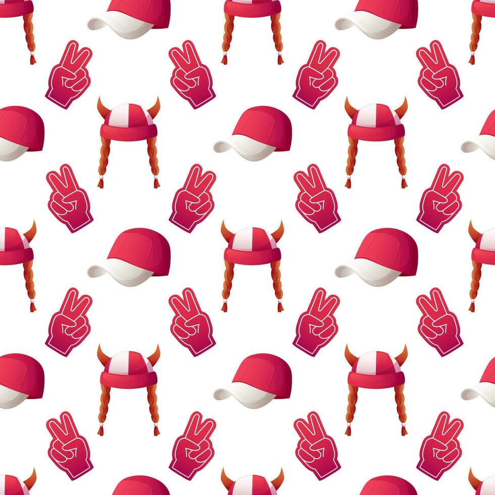 Seamless pattern for sports fans with attributes in red and white colors. Hat with horns and pigtails, cap, glove with two fingers up vector