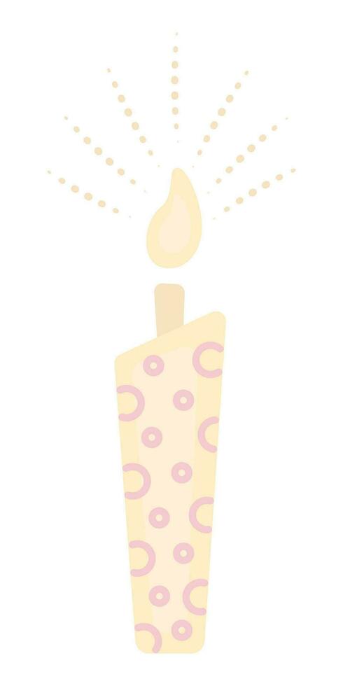 Cute asymmetrical yellow candle with flame, vector color illustration