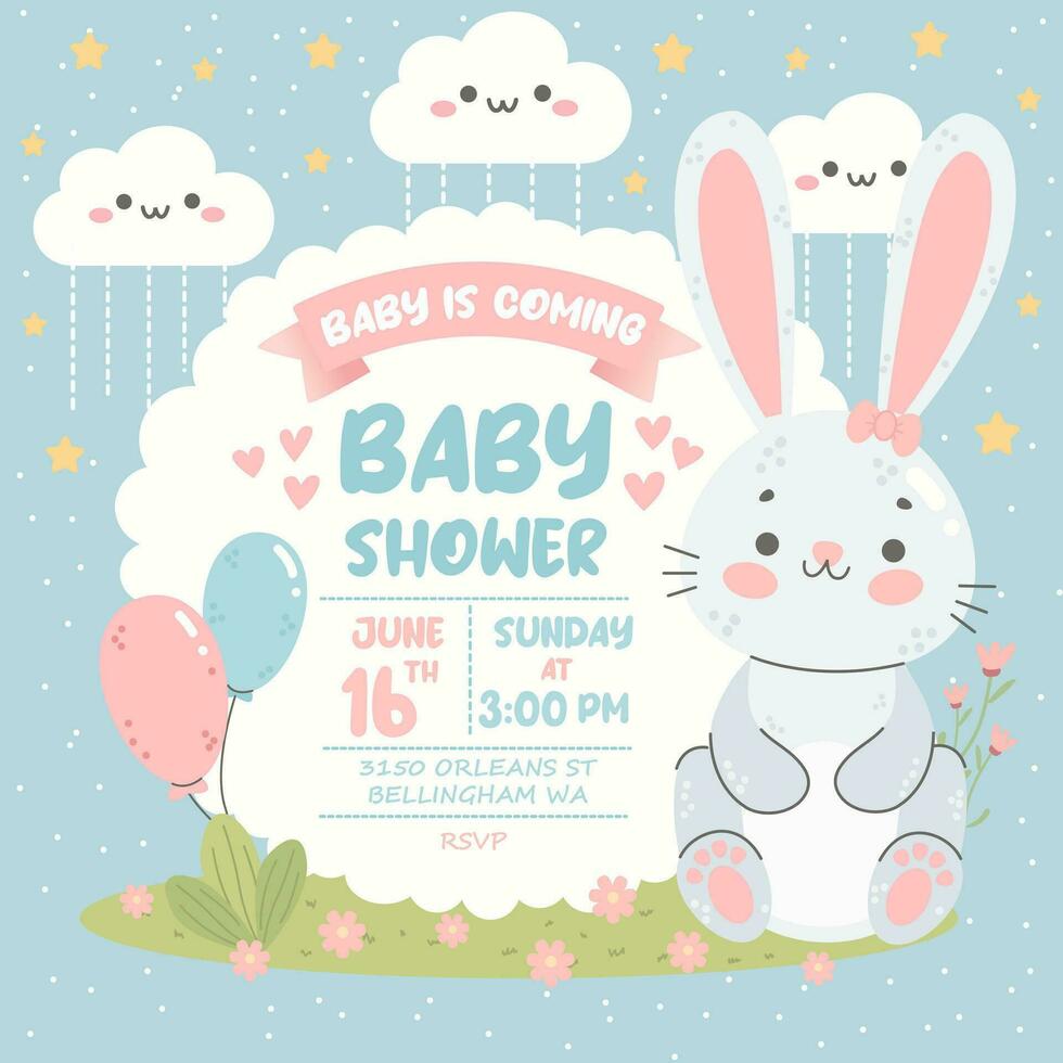 Baby shower invitation with cute bunny and balloons. Design template invitation card for baby and kids new born celebration. Rabbit character  in cartoon style. vector