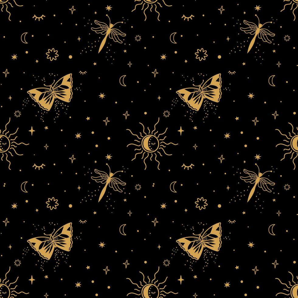 celestial mariposa sin costura modelo. misterio estrellas, sol, Luna en el negro repetir antecedentes. magia boho símbolos superficie diseño. mínimo línea Arte. esotérico vector ilustración. mano dibujado fondo de pantalla