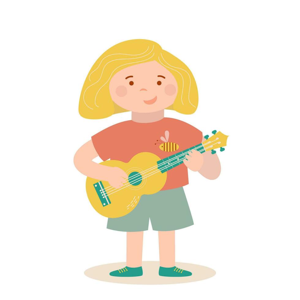 Little cute boy is playing toy childish guitar or ukulele. Music vector cartoon illustration.