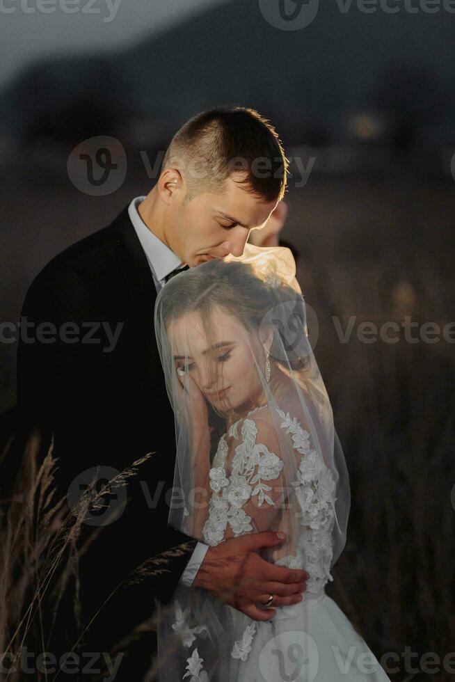 Beautiful bride and groom in evening lights, kissing and hugging holding a bouquet of flowers photo