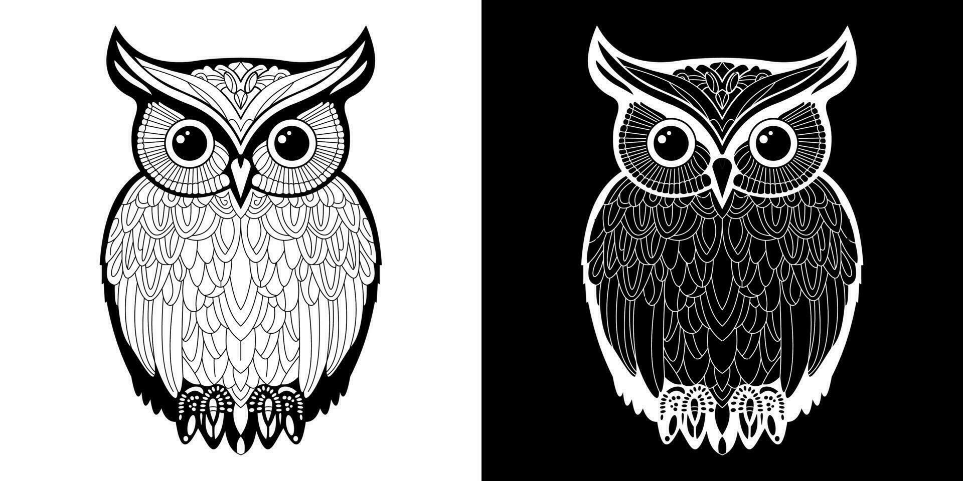 Black and white illustration of an owl.  Coloring book page for adults and children with mandala and zentangle elements vector