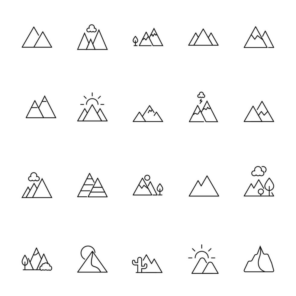 Mountain Vector Icons Collection. Suitable for books, stores, shops. Editable stroke in minimalistic outline style. Symbol for design