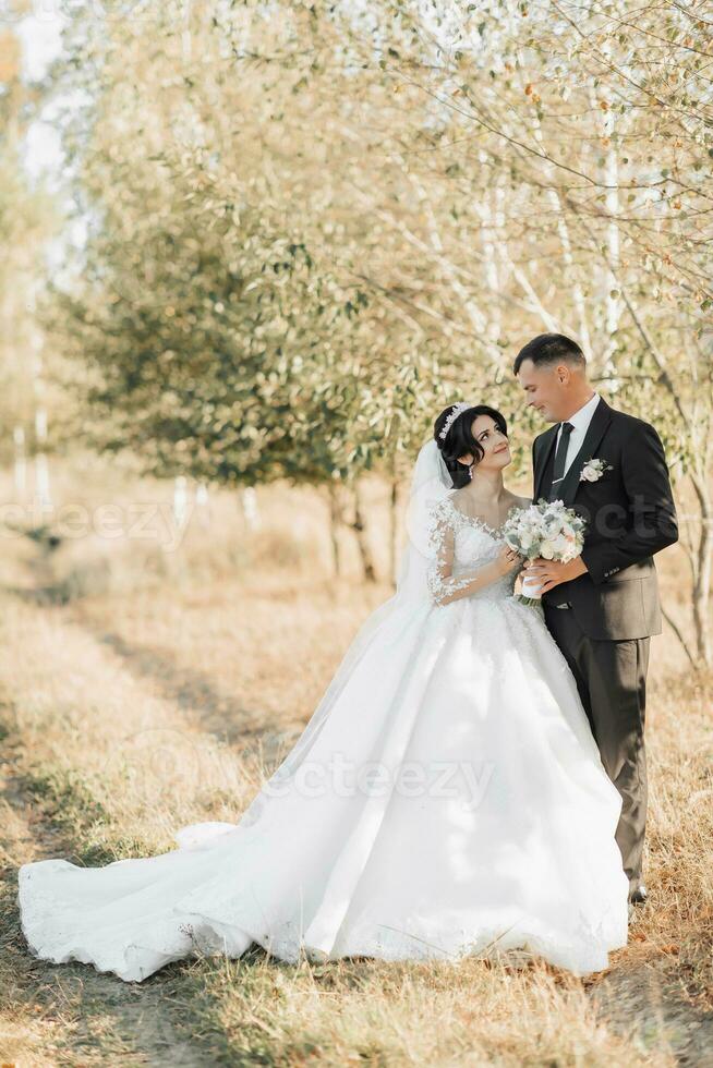 Wedding photo in nature. The groom in a black suit and the bride in a white dress with a train are standing in a field against the background of trees, the bride and groom are looking at each other