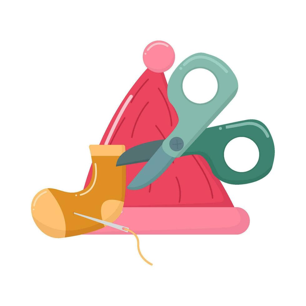 beanie knit, knitting sock with scissors illustration vector