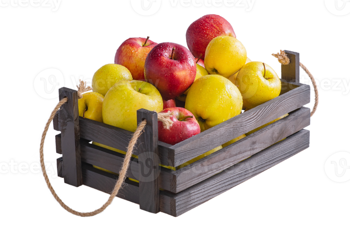 mogen äpplen i en trä- låda. röd och gul äpplen isolera. frukter, friska mat. png
