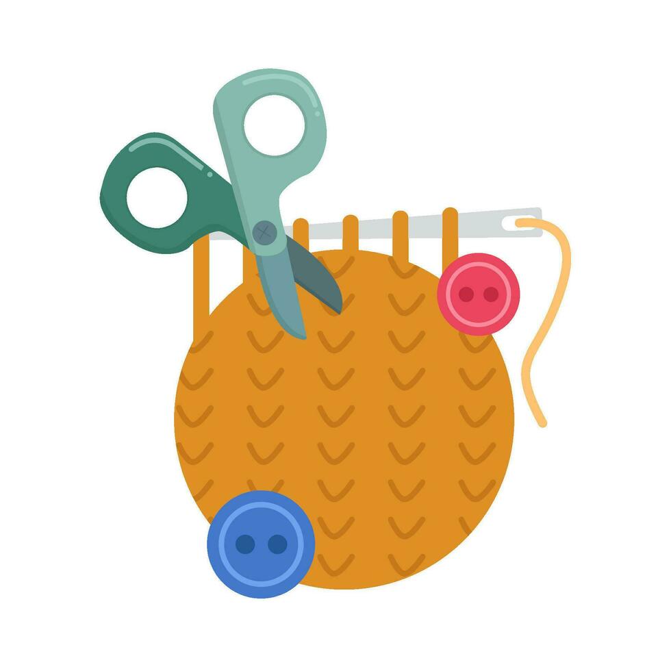 thread knit, knitting needle, button with scissors illustration vector
