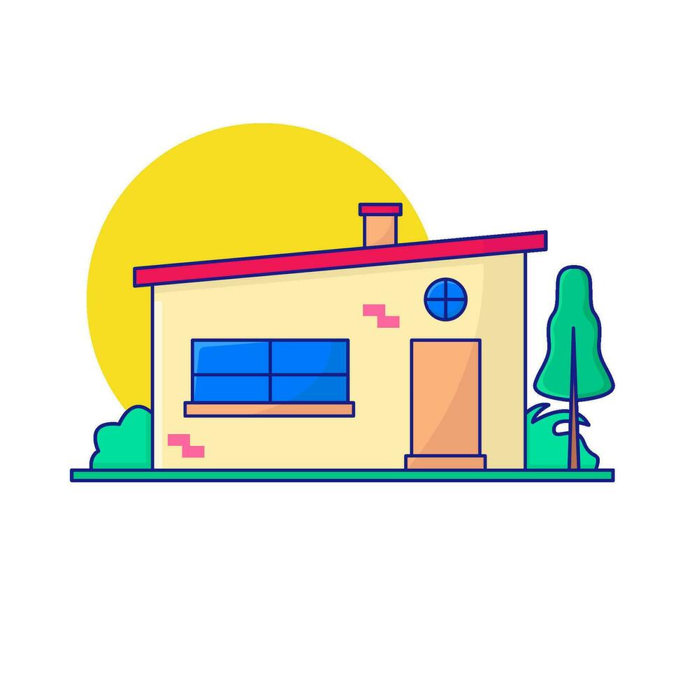 home building, tree with sun ilustration vector