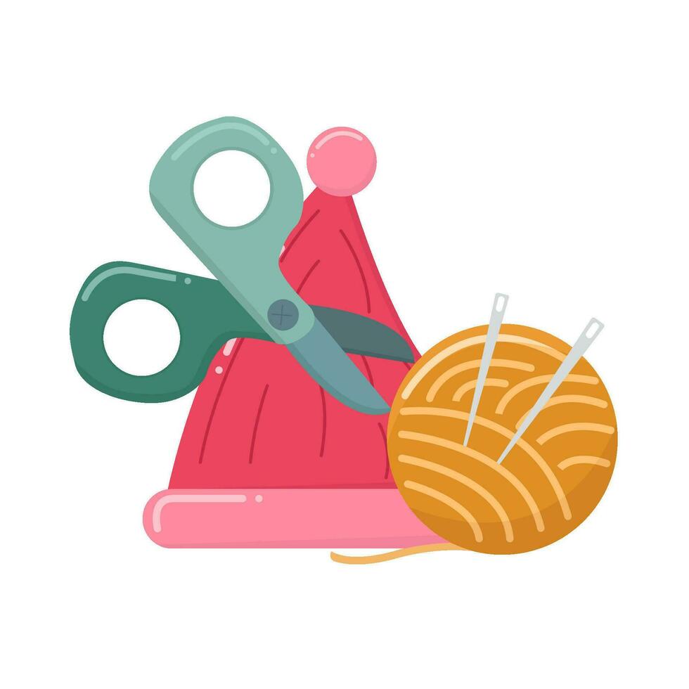 knitting beanie, thread knit with scissors illustration vector