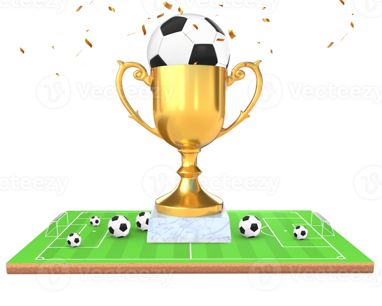 3D Rendering Golden Trophy With Soccer Balls On Soccer Field Front View png