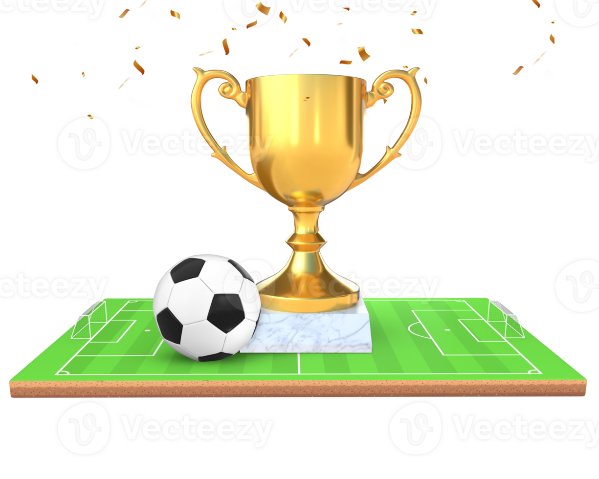 3D Rendering Golden Trophy With Soccer Ball On Soccer Field Front View png