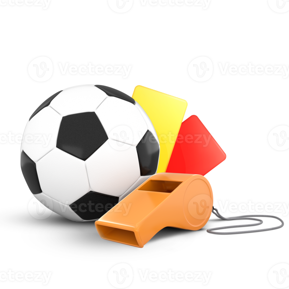 3D Rendering Soccer Ball, Whistle With Red And Yellow Cards png