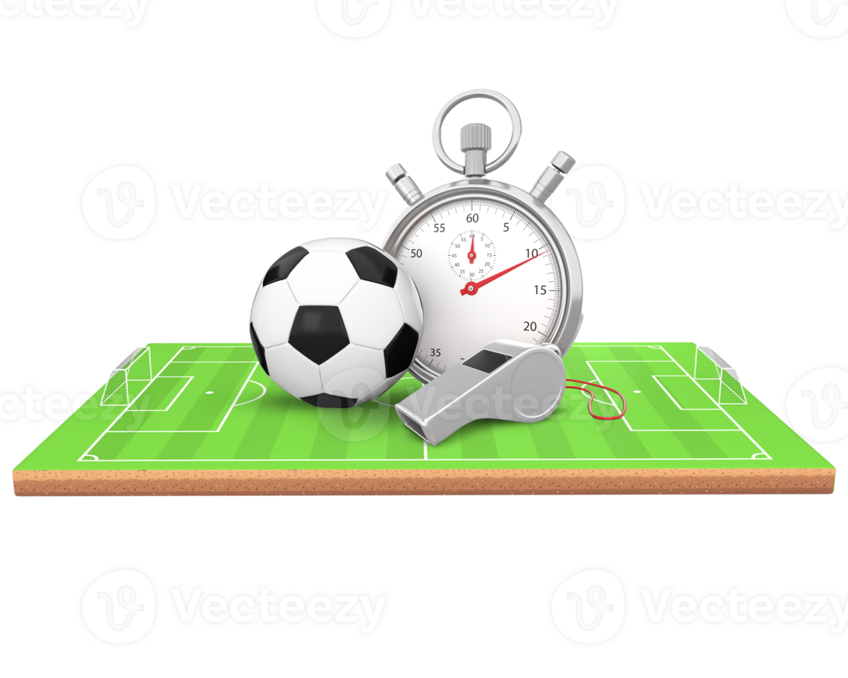 3D Rendering Soccer Ball, Whistle And Stopwatch On Soccer Field Side View png