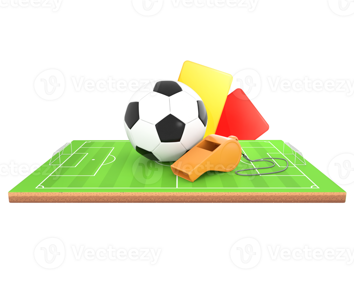 3D Rendering Soccer Ball, Whistle And Cards On Soccer Field Side View png