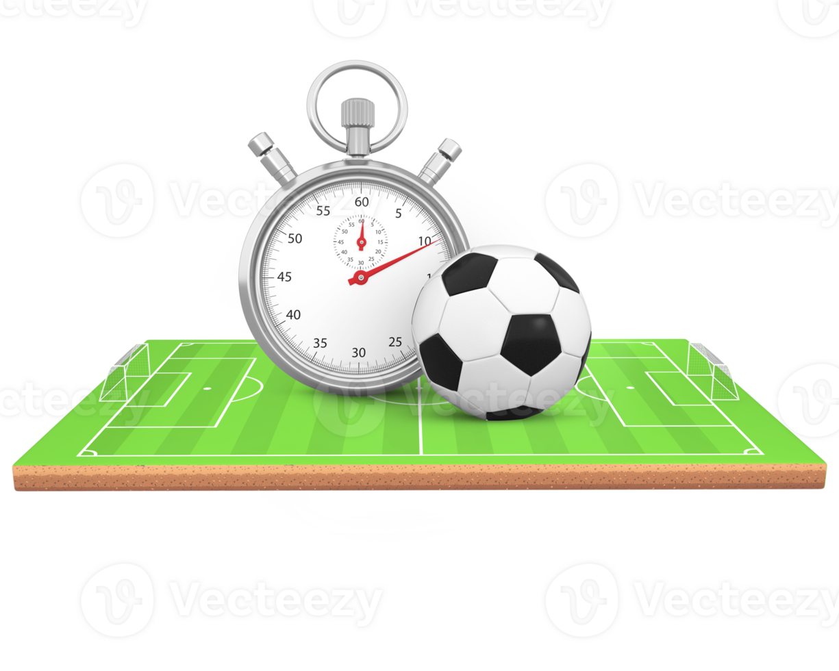 3D Rendering Soccer Ball And Silver Stopwatch On Soccer Field Side View 36417718 PNG