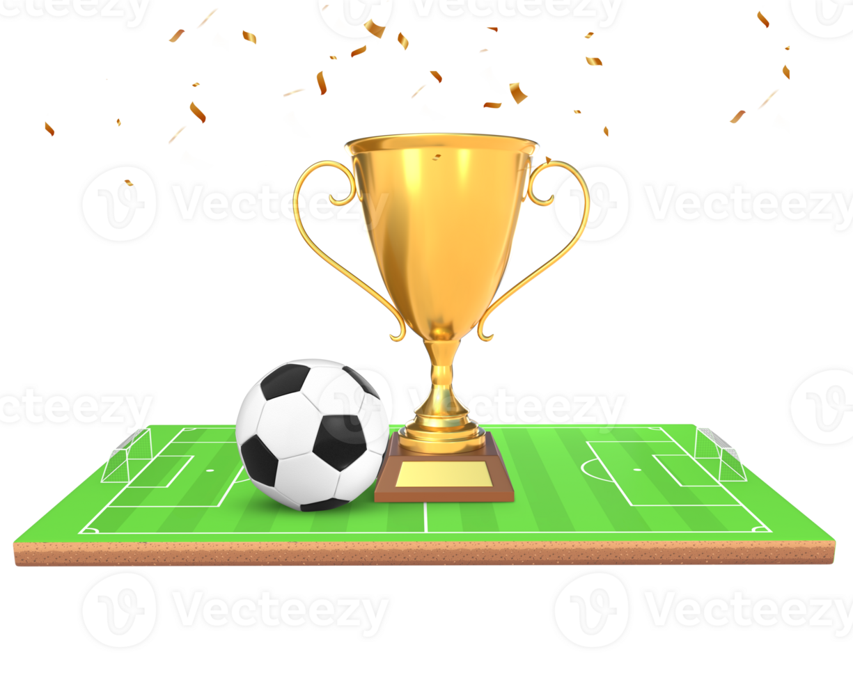 3D Rendering Golden Trophy With Soccer Ball On Soccer Field Front View png