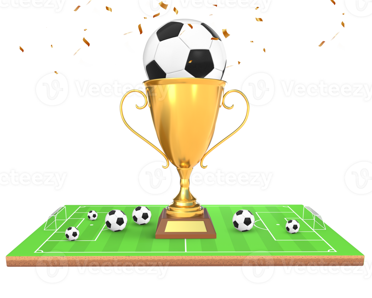 3D Rendering Golden Trophy With Soccer Balls On Soccer Field Front View png
