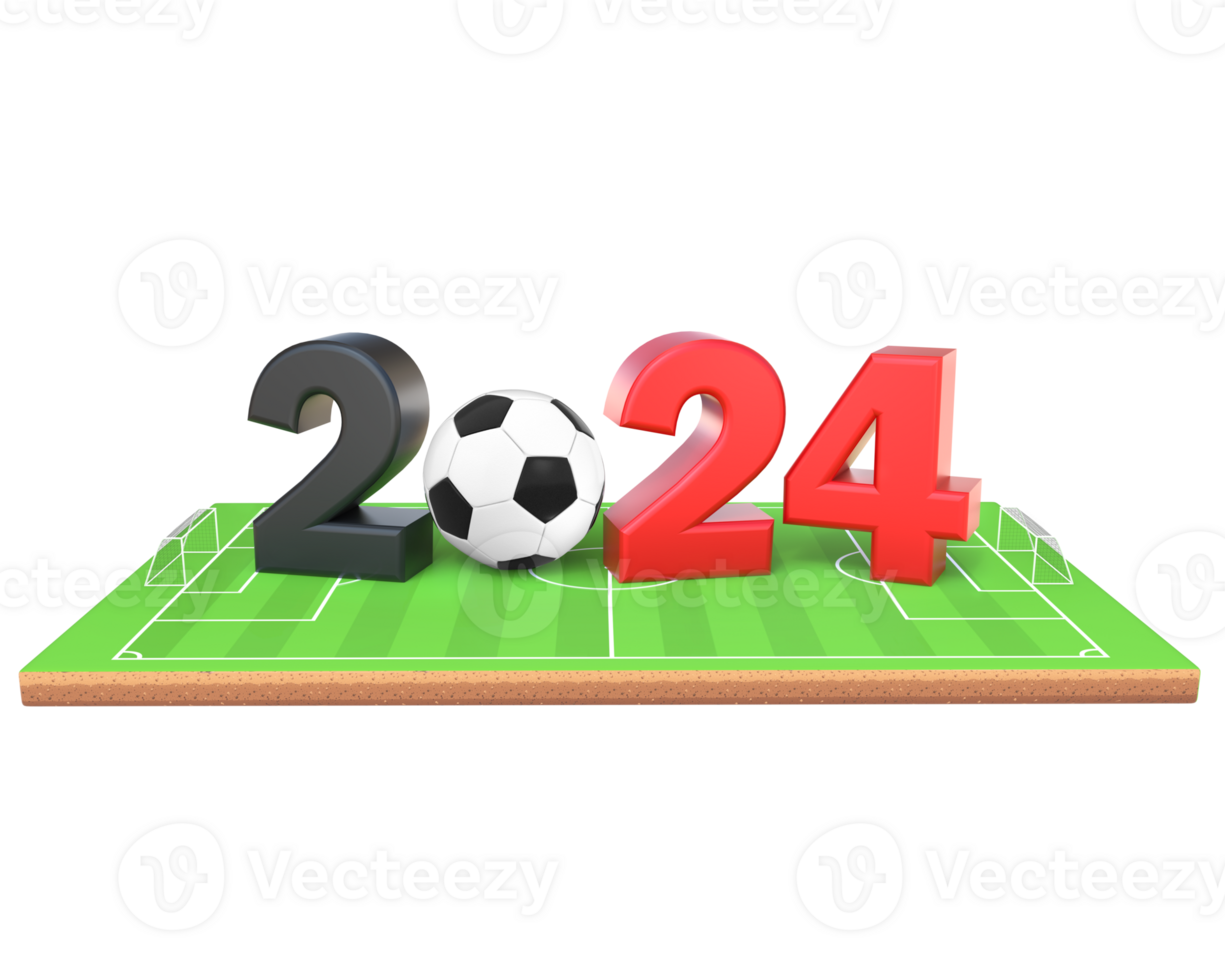 3D Rendering 2024 Text With Soccer Ball On Soccer Field Front View png