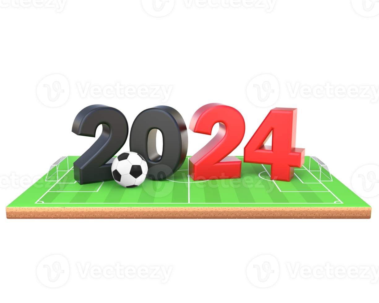 3D Rendering 2024 Text With Soccer Ball On Soccer Field Front View png