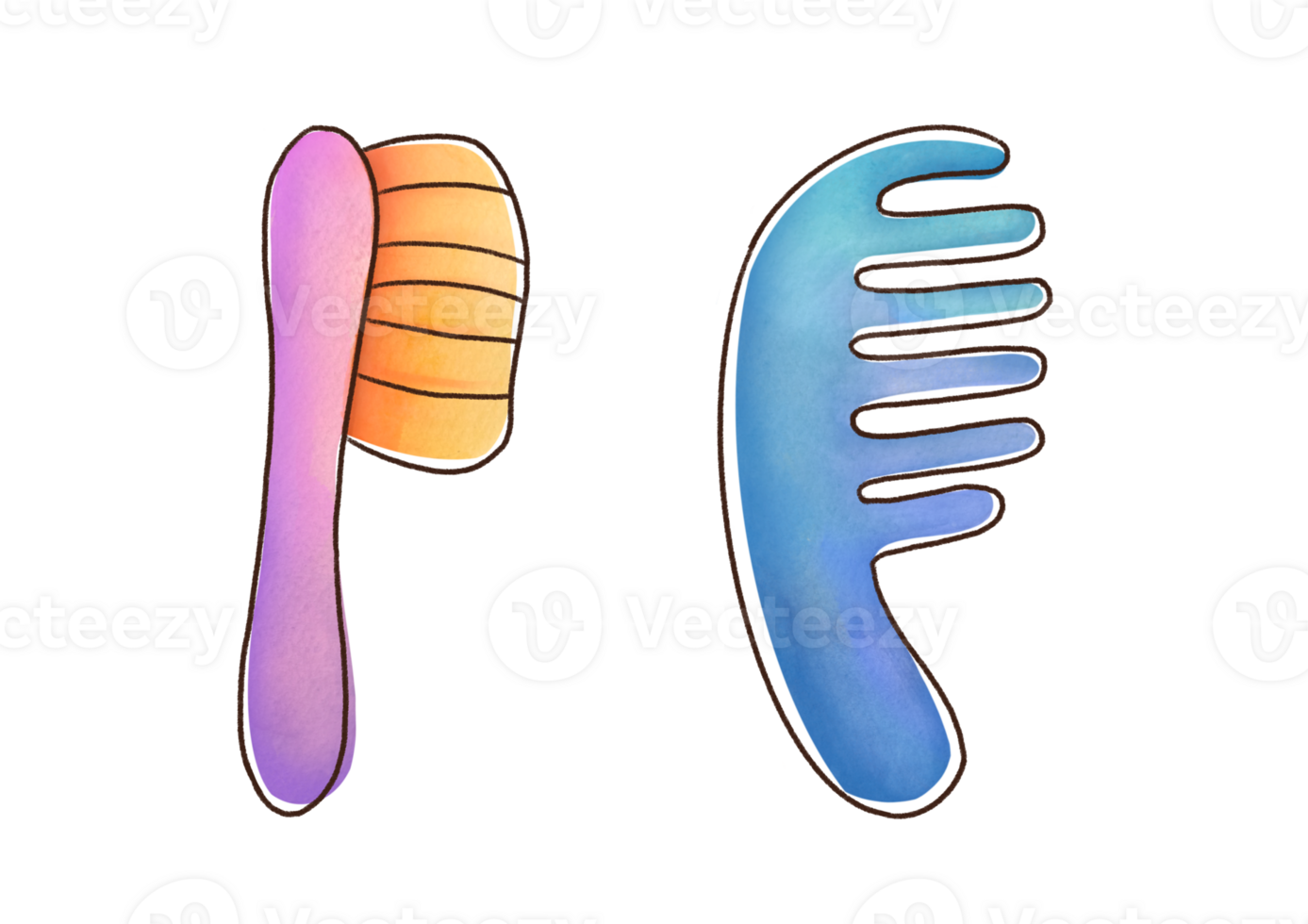 fofa pente conjunto para desembaraçar cabelo, escovação de cabelo. eco amigáveis cabeleireiro ferramenta para pessoal higiene. mão desenhado aguarela Cortar fora grampo arte barbearia ferramenta em transparente fundo png