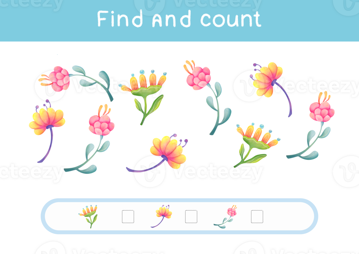 Count all flowers, Count the number and write right answer into box. Math game for preschool kids. cartoon Counting children game. educational nursery activity, study methematics page, worksheet png