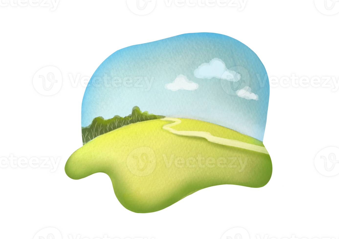 Hand drawn Watercolor cute landscape composition with green spring, summer lawn, meadow, sky, forest silhouette, path. Clear sunny day clip art, cut out poster illustration on transparent background png