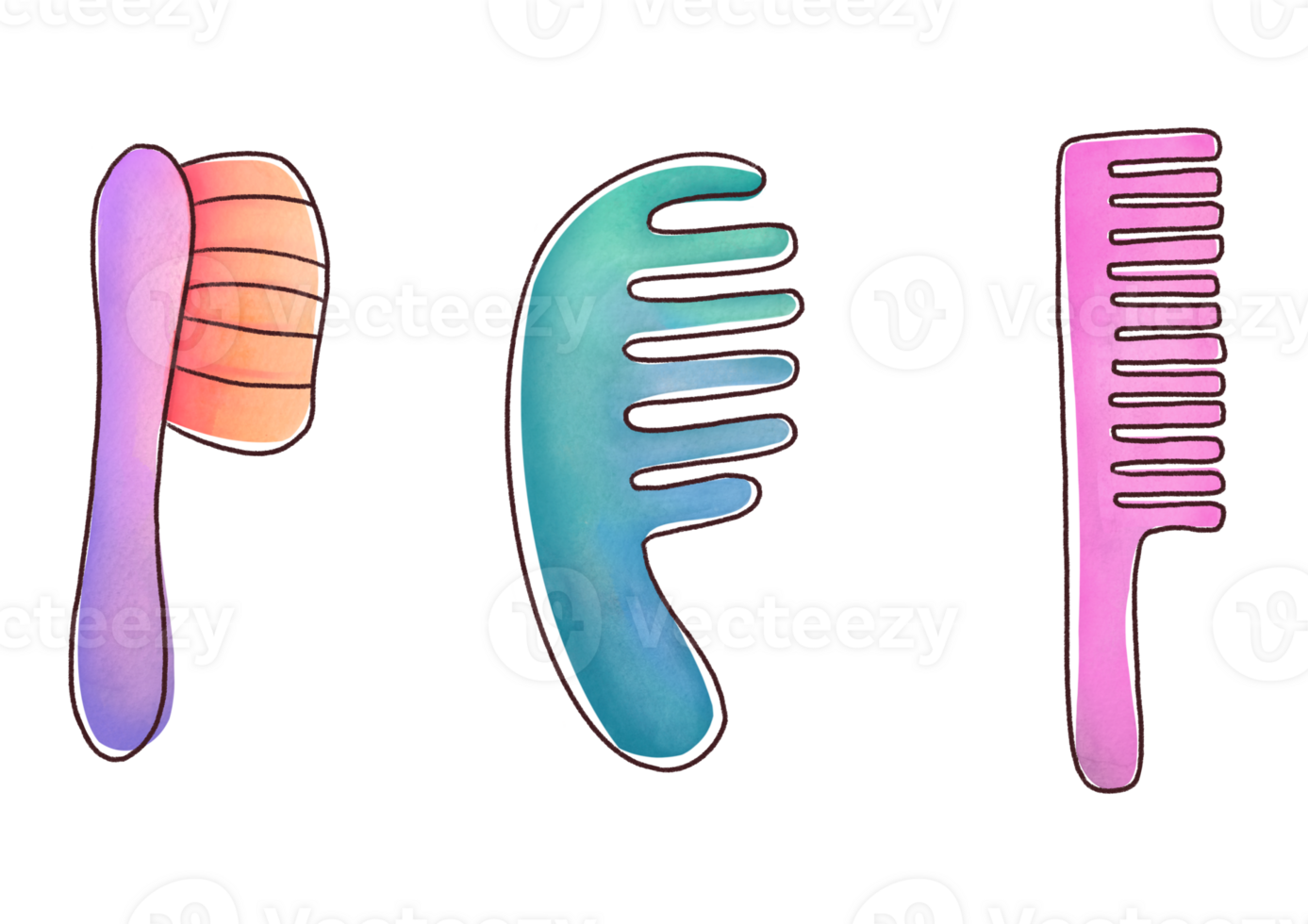 cute comb set for detangling hair, hairbrushing. Eco friendly hairdressing tool for personal hygiene. Hand drawn watercolor cutout clip art Barber's Tool on transparent background png