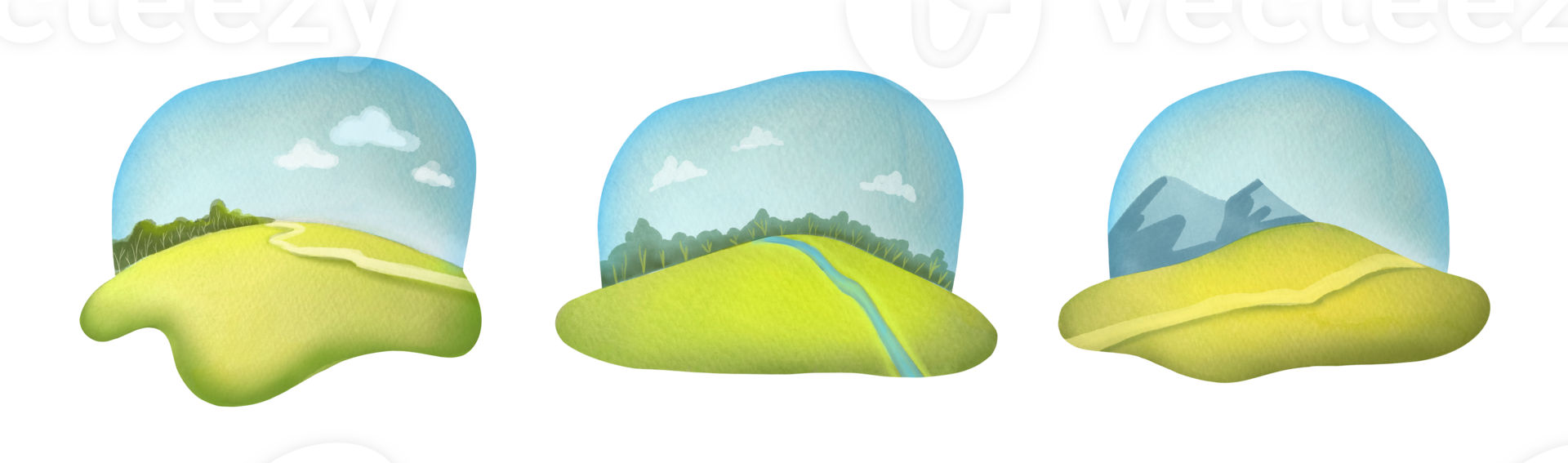 Watercolor cute landscape composition with green spring, summer lawn, meadow, sky, forest, path. Clear sunny day clip art, cut out illustrations set on transparent background. nice posters collection png