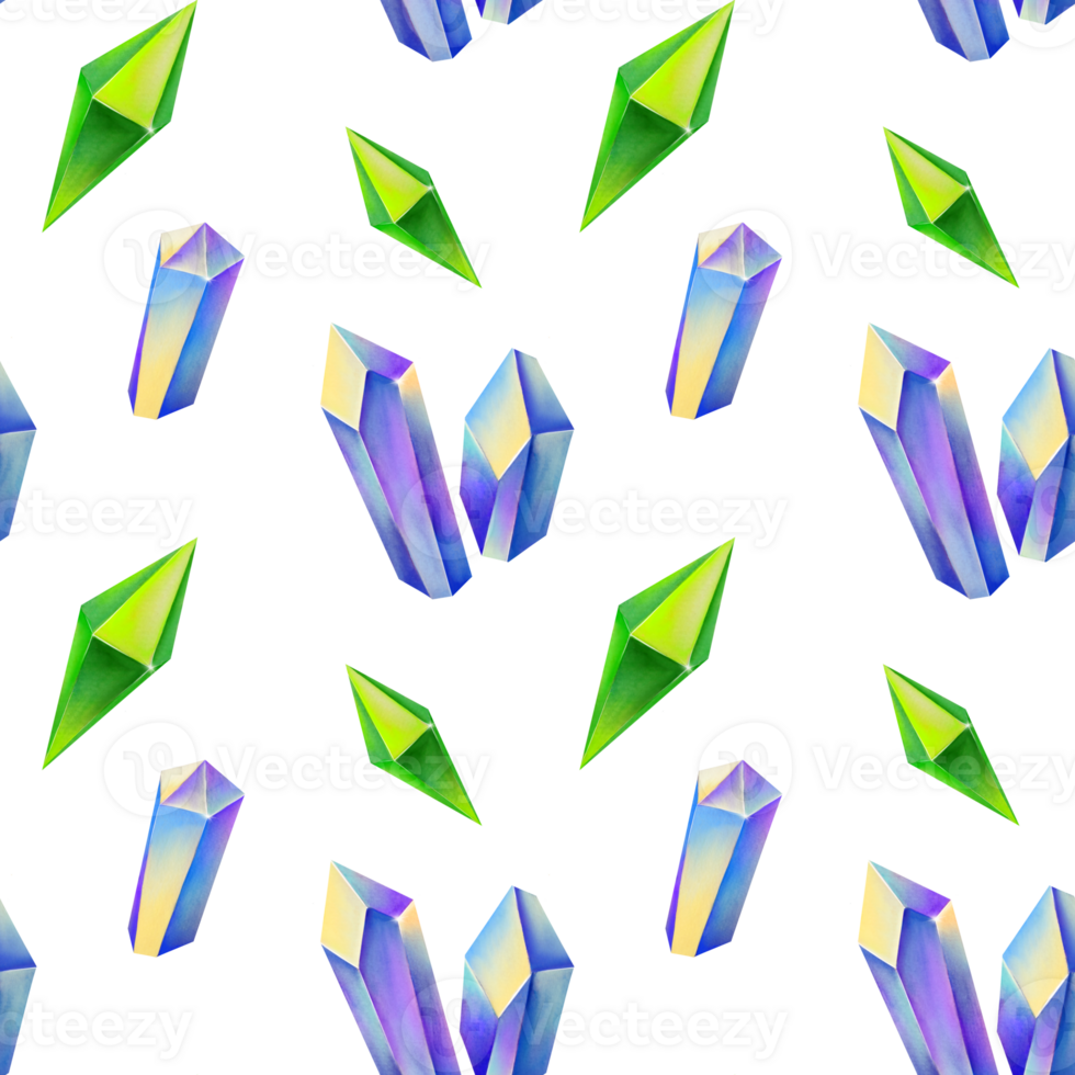 Seamless pattern with bright hand painted watercolor jewelry crystals, gems, diamond. precious stones on transparent background. perfect for gretting gift paper, wedding decor or fabric textile png