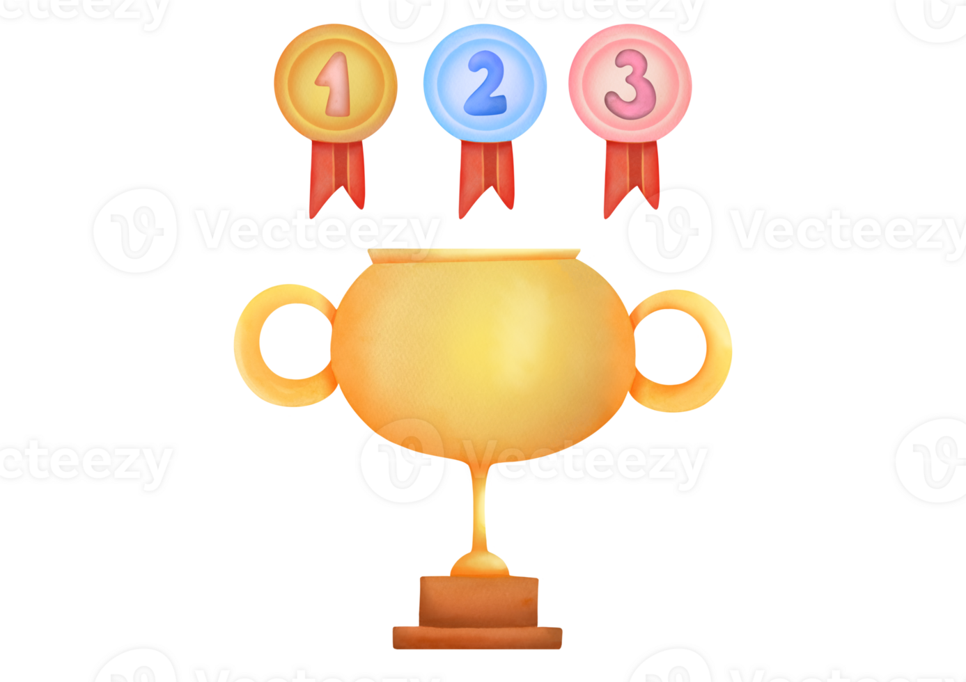 vattenfärg gyllene trofén kopp, medaljer klämma konst, skära ut illustration på transparent bakgrund. team spel, enskild tävlingar mästare trofé. tilldela ceremoni för vinnare av internationell sport png