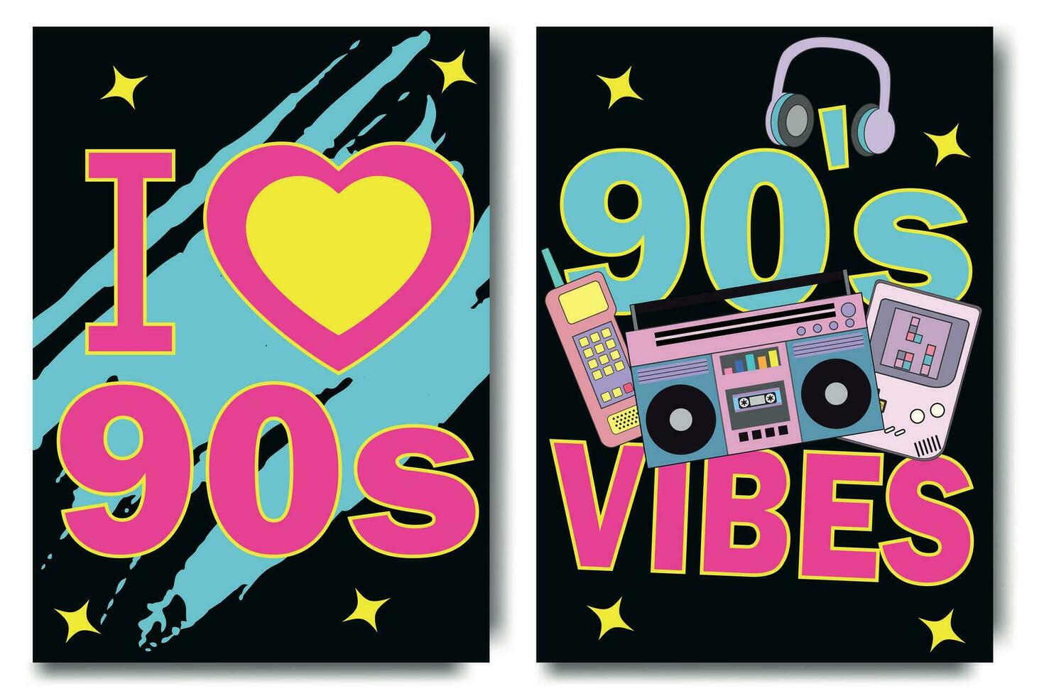 I Love 90s. Party 90s banner. 90's vibes graphic design template. Poster templates with happy nineties symbols, neo brutalism, gamepad and devices, headphones and other retro pop culture signs vector
