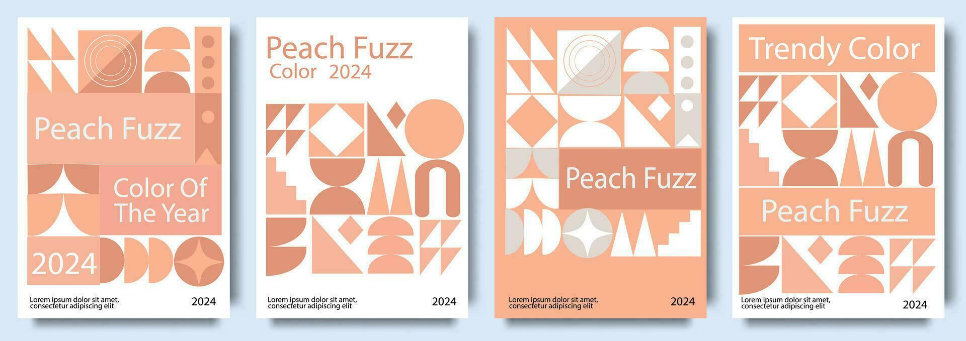 Abstract geometric backgrounds in trendy Peach Fuzz color with circle, triangle and square shapes. Minimalistic trendy brutalist backgrounds. vector