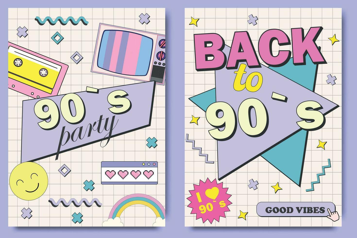 Retro party poster. 90's graphic design template. Music of the nineties, vintage cassette tape and 90s style. invitation card dancing party time advertisement poster background vector