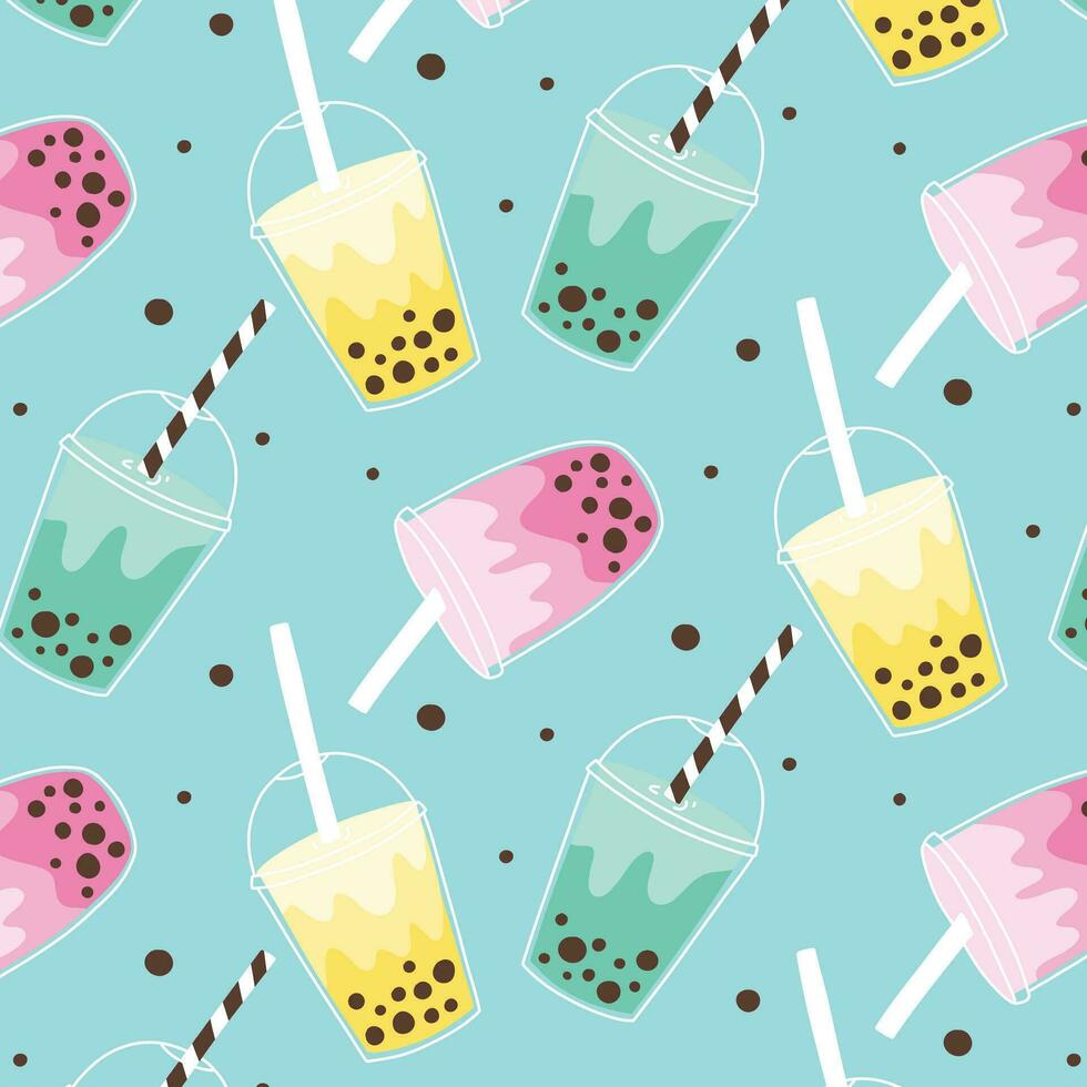 Seamless pattern with bubble tea. Hand drawn smoothie pattern. Vector illustration.