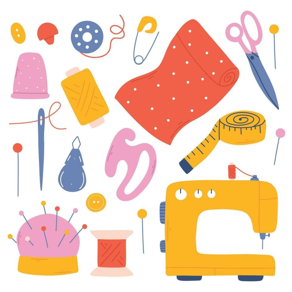 conjunto de de coser herramientas. mano dibujado colección de de coser elementos. de coser máquina, aguja, tijeras, hilo. vector ilustración aislado en blanco antecedentes.