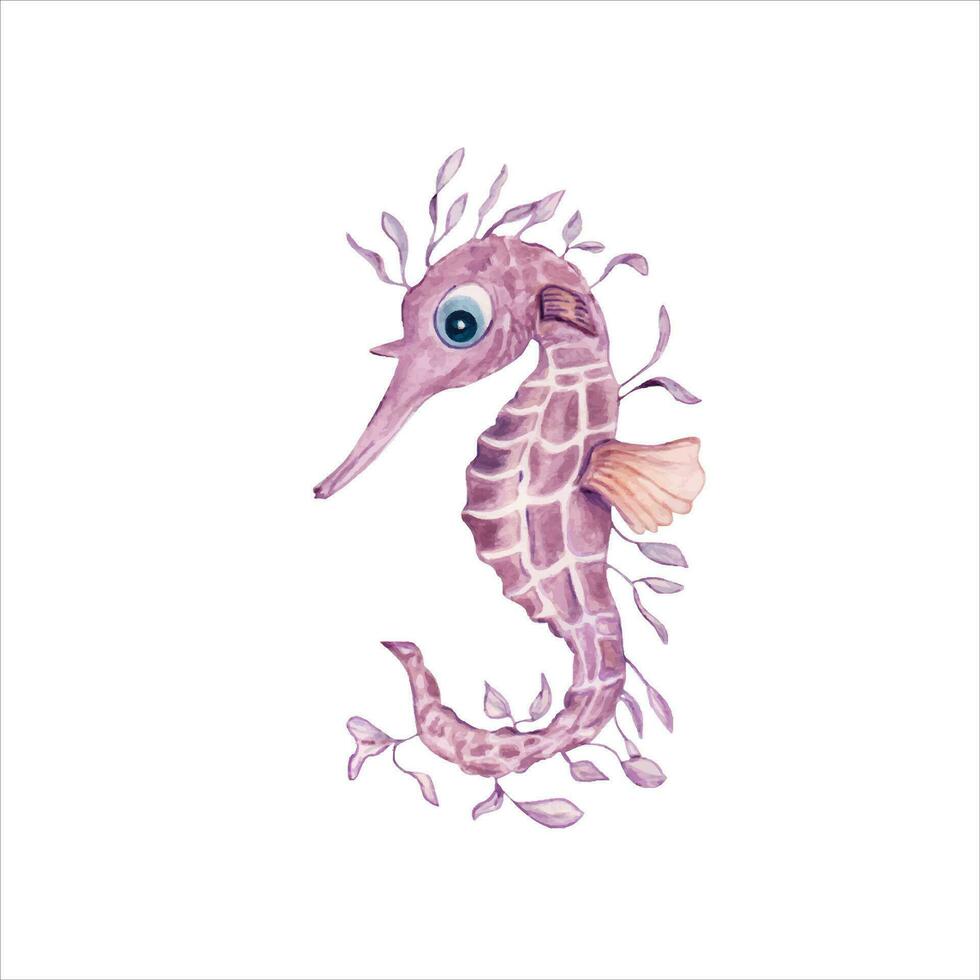 Pink seahorse in watercolor style. Sea, ocean, marine fauna. Watercolor illustration. vector