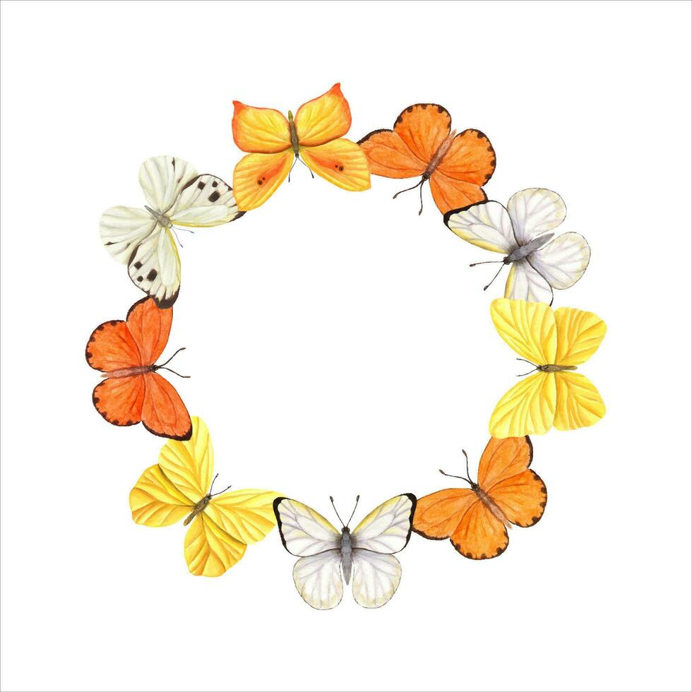 Wreath with flying, fluttering yellow, orange and white butterflies. Watercolor illustration. vector