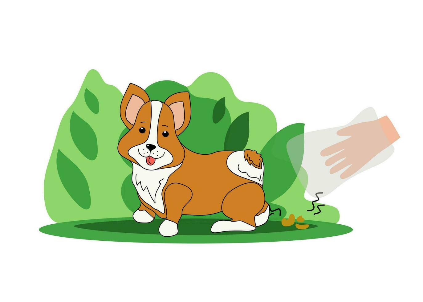Cute cartoon dog, puppy on a walk. Corgi breed. Collect pet feces in a plastic bag and throw it in the trash. A way to clean up after your pet during your daily walk. Vector illustration.