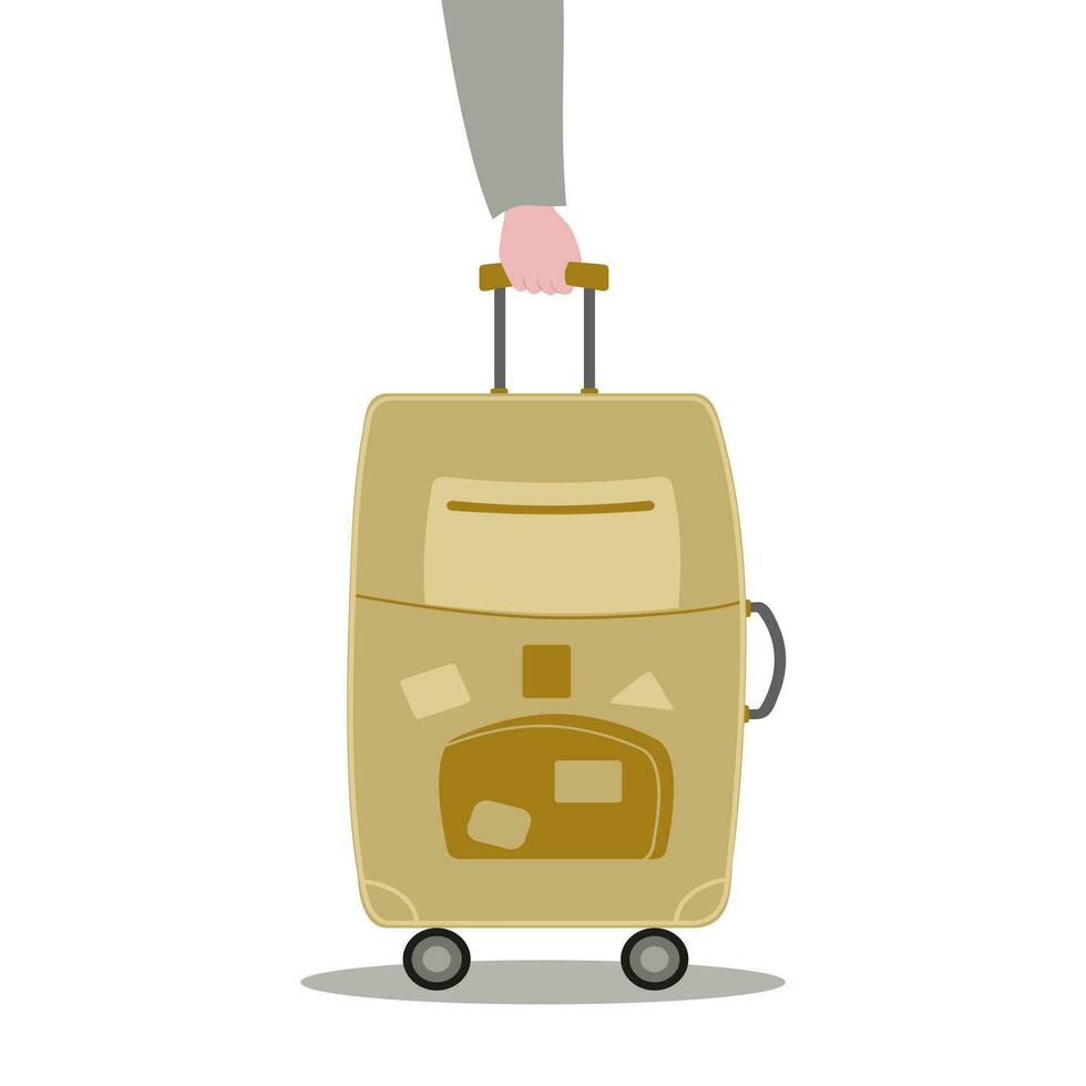 Human hand holds a suitcase by the handle. A suitcase with wheels and a retractable handle for travel and business trips. Traveler's luggage. Flat vector. vector