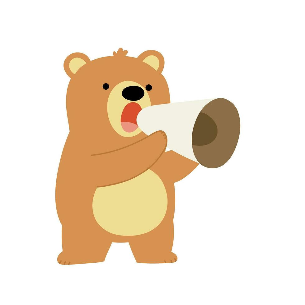 Vector flat cute bear holding megaphone with white background