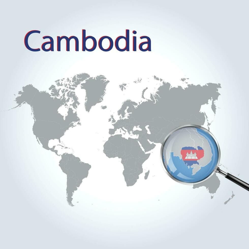 un aumentador vaso en Camboya de el mundo mapa, enfocar Camboya mapa con un degradado antecedentes y Camboya bandera en el mapa, vector Arte