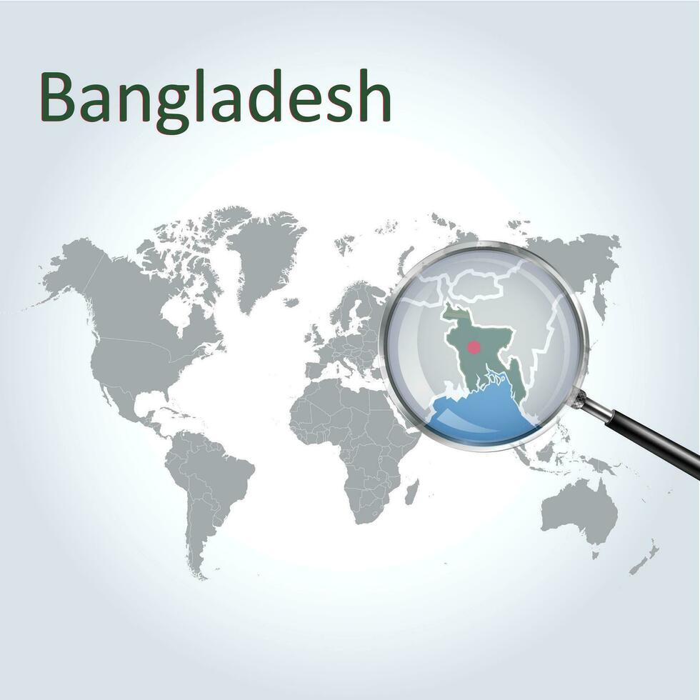 un aumentador vaso en Bangladesh de el mundo mapa, enfocar Bangladesh mapa con un degradado antecedentes y Bangladesh bandera en el mapa, vector Arte